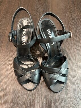 Prada Black Leather Crisscross Strap Slingback Heels